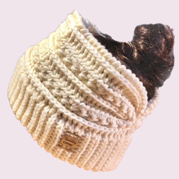. Accessories - Ear warmer Bun Beanie Headband Winter Hat Off-White